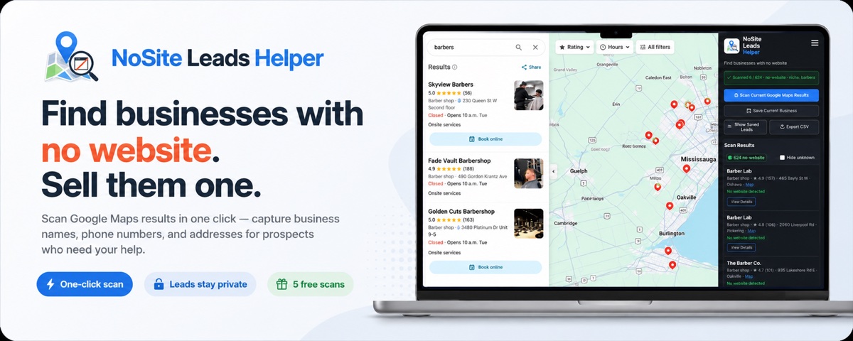 NoSite Leads Helper scanning a Google Maps search and listing businesses with no website in its side panel.